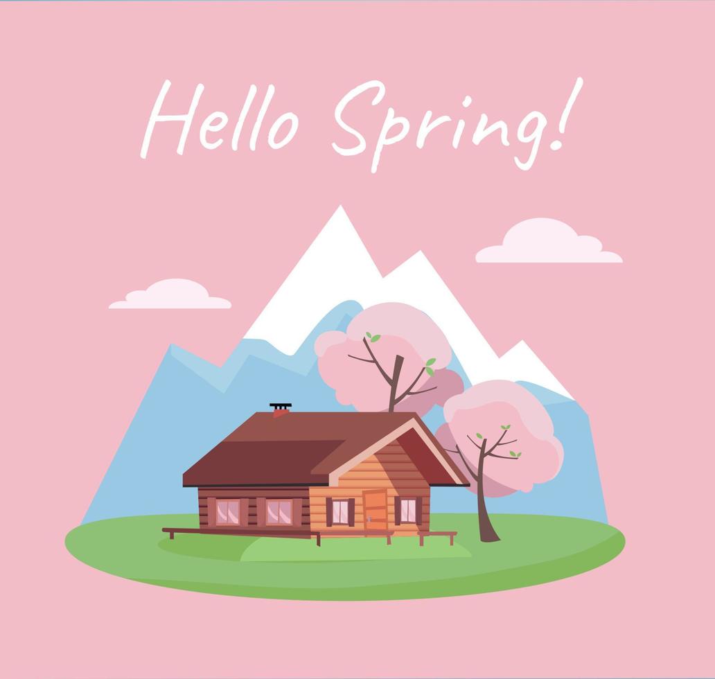 Spring blooming landscape with mountains and wood log country house on grass. Blossom season card with text Hello Spring. Flat cartoon style vector illustration in pink blue green colors.