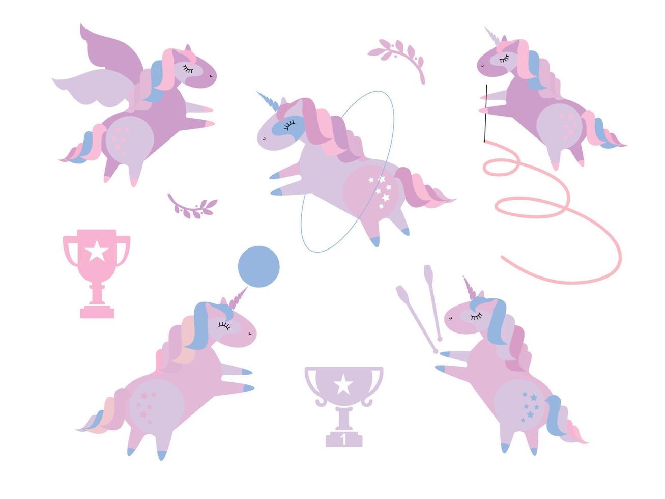 lindos unicornios en gimnasia rítmica. conjunto de hermoso pony haciendo gimnasia rítmica con cinta, pelota, aro, ilustración de estilo de caricatura plana sobre fondo blanco vector