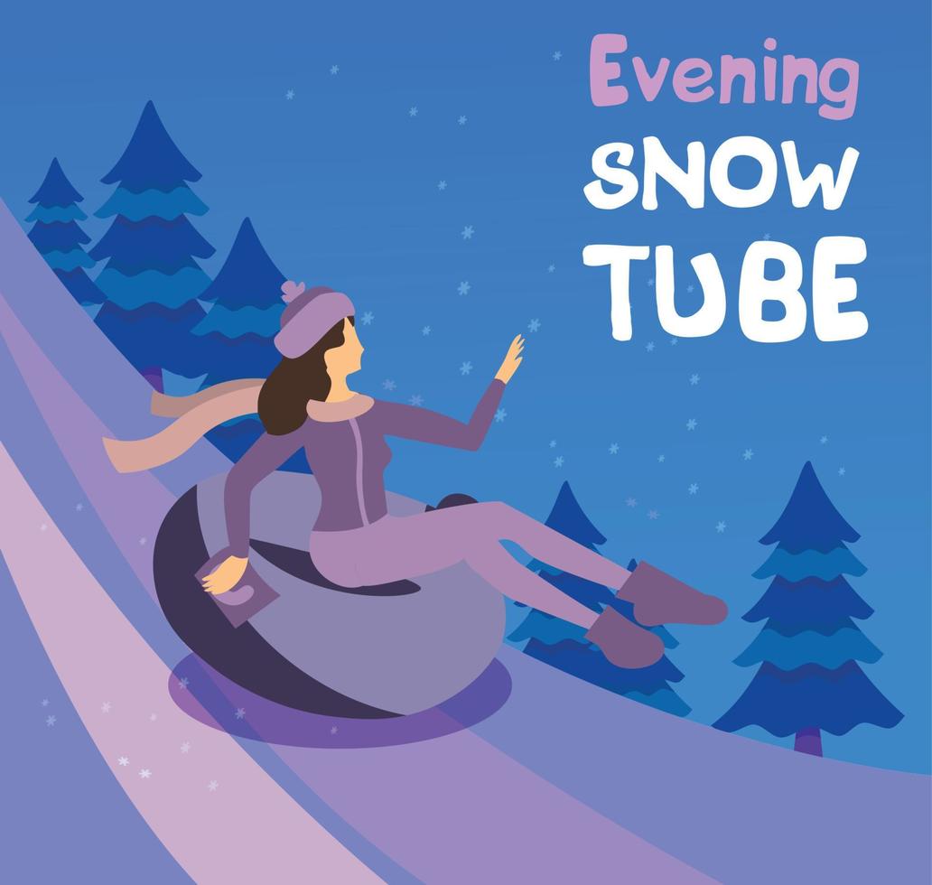 Vector cartoon flat girl in hat sledging along the slope with fir trees at inflatable tube, snowtubing outdoors in winter at evening. Young woman sledding on snow rubber tube. Winter activity