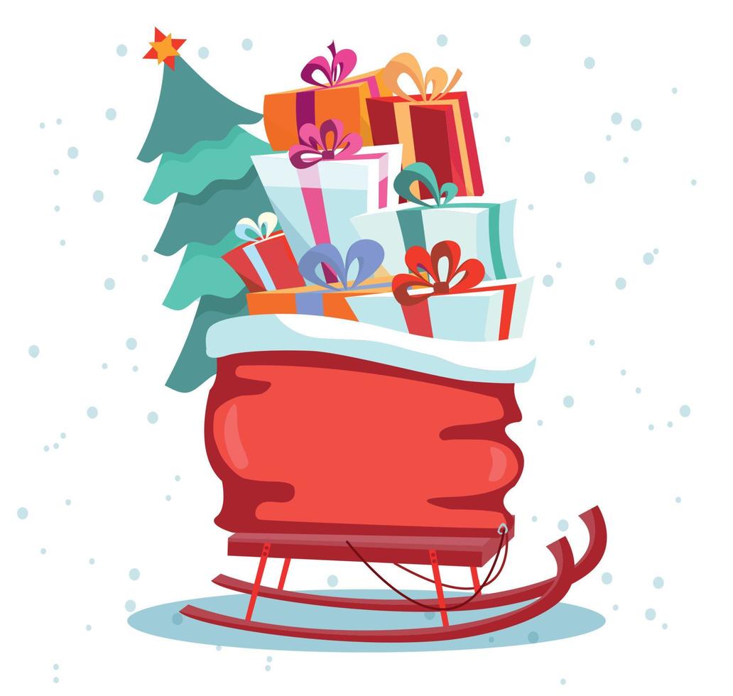 Children s sledges with red bag of presents and a Christmas tree on a white background. Multicolored gift boxes are beautifully decorated with ribbons and bows. Flat cartoon style vector illustration.