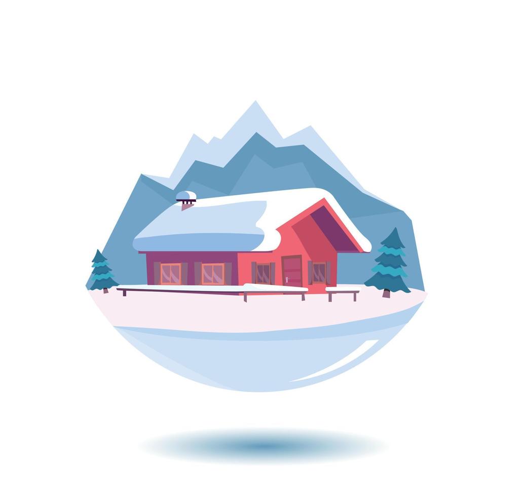 piece of winter is hanging in the air. Winter snowy landscape with mountains, wood country house, firs, snowy nature. Christmas season card. Flat cartoon style vector illustration in blue colors.