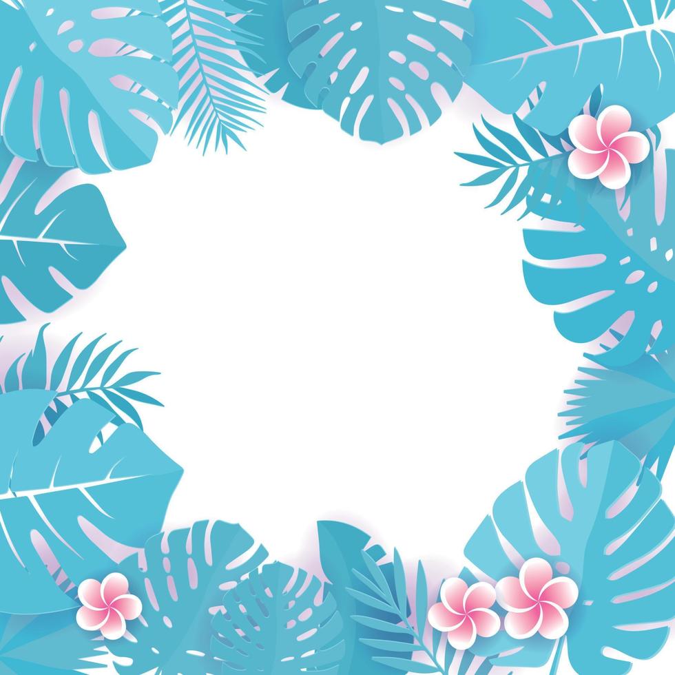 Abstract background with blue cyan tropical leaves. Jungle patternwith frangipani flowers. Floral caper cut design background. Vector square illustration with space for text. Tropical greeting card.