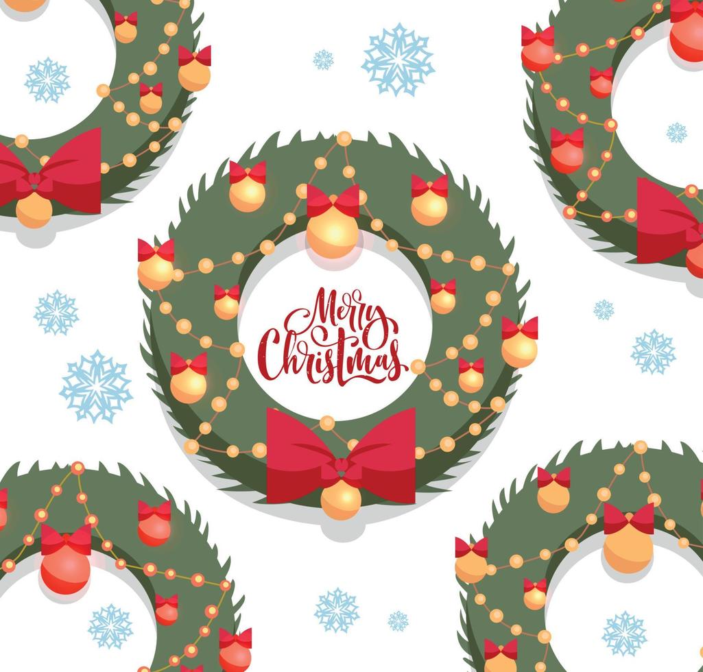 Merry Christmas greeting card with textured lettering. Christmas green wreaths decorated by red bow and golden balls on a white background with blue snowflakes. Flat cartoon style vector illustration