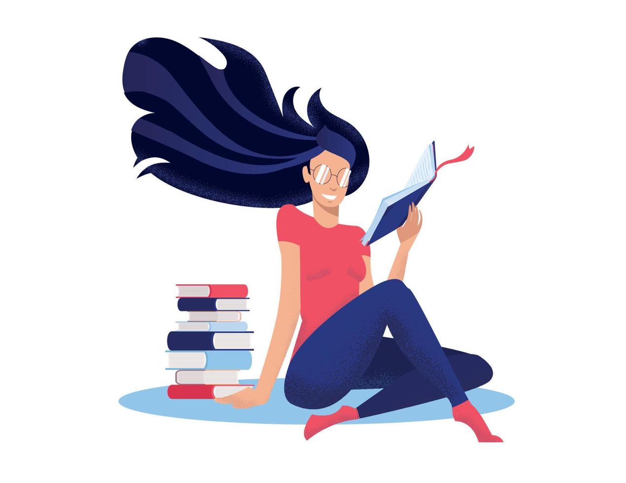 Young woman reads book, sitting on floor cross-legged nwet to stack of books. Round glasses on face, long dark hair fluttering. Modern flat illustration with textures in cartoon style on white vector