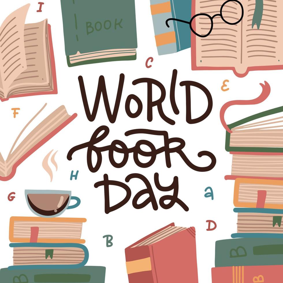 día mundial del libro - tarjeta de saludo o pancarta. pila de libros coloridos con libro abierto sobre fondo blanco. ilustración de vector plano de educación.