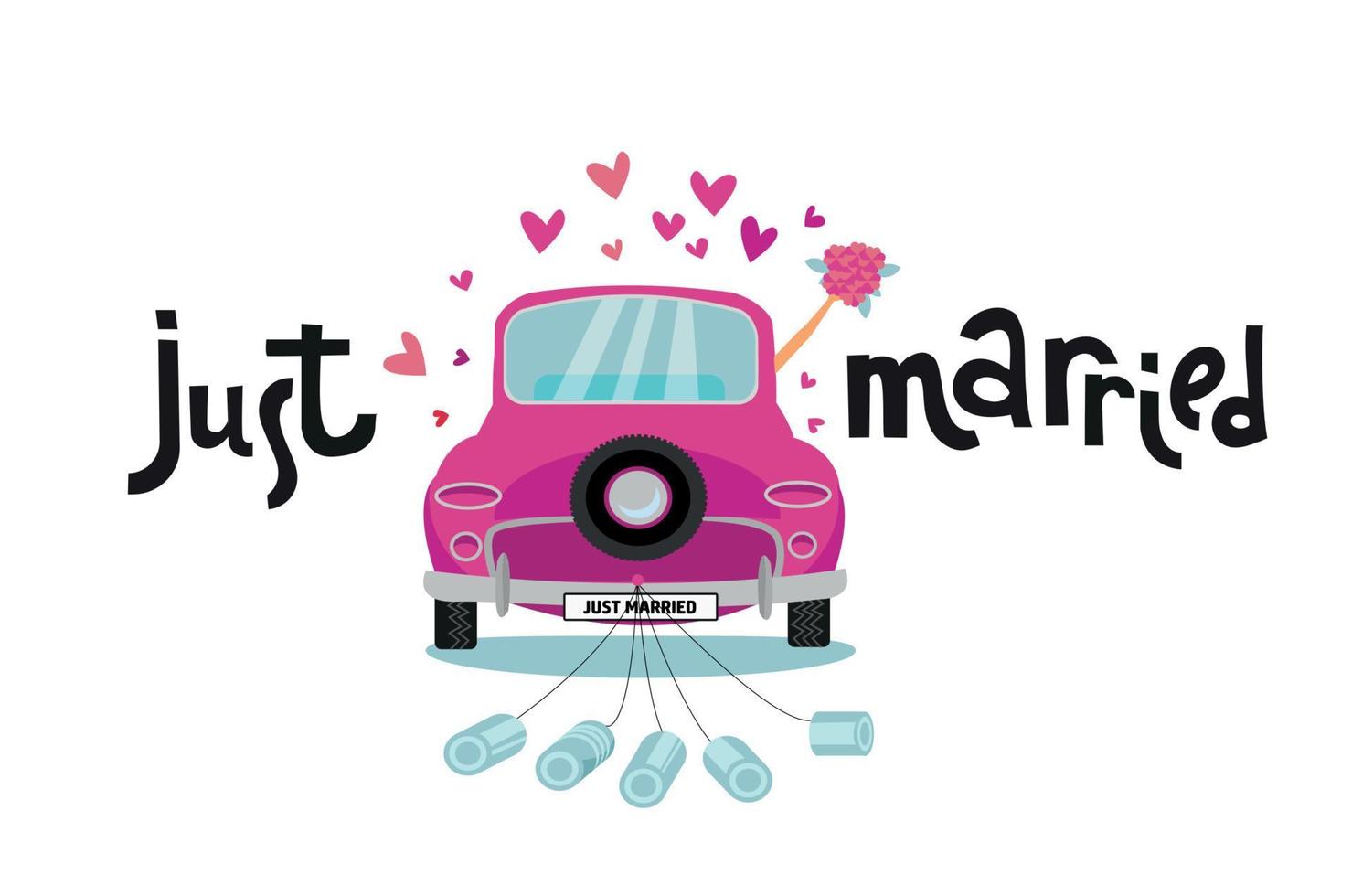 Newlywed couple is driving vintage pink car for their honeymoon with just married lettering sign and cans attached. Bride groom car with hand with bouquet sticking out of window . Vector flat cartoon