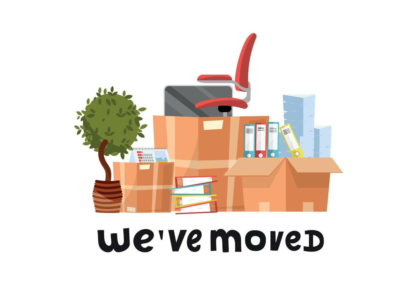We've moved - hand drawn lettering quote.A lot of open cardboard boxes with office supplies - folders, documents, monitor, red chair on wheels, potted plant.Flat cartoon vector set on white background