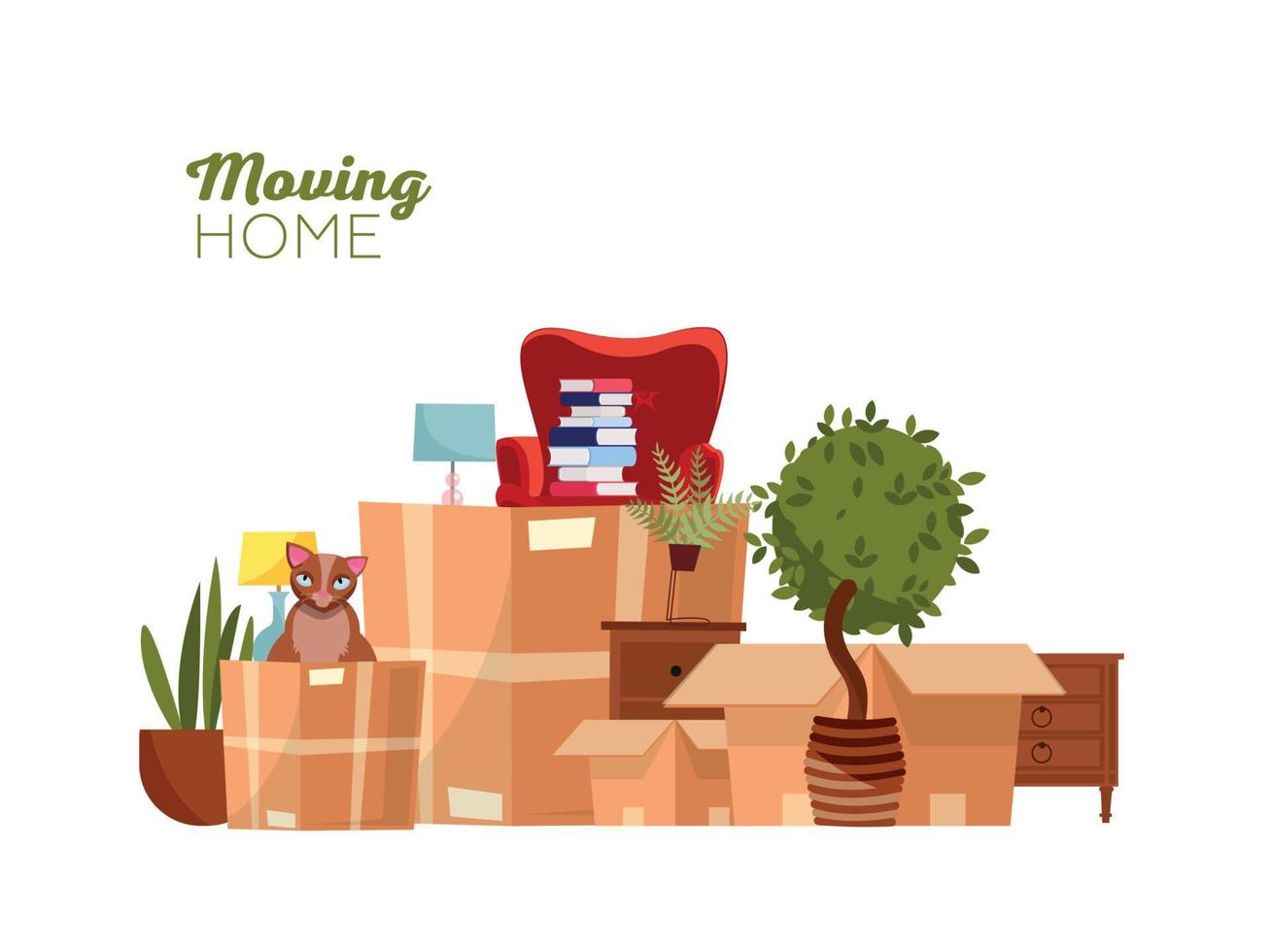 Mudarse de casa. mudarse con cajas a una nueva casa. montón de cajas de cartón apiladas con muebles, silla, basurero, plantas, cat. ilustración vectorial de dibujos animados plana aislada sobre fondo blanco vector