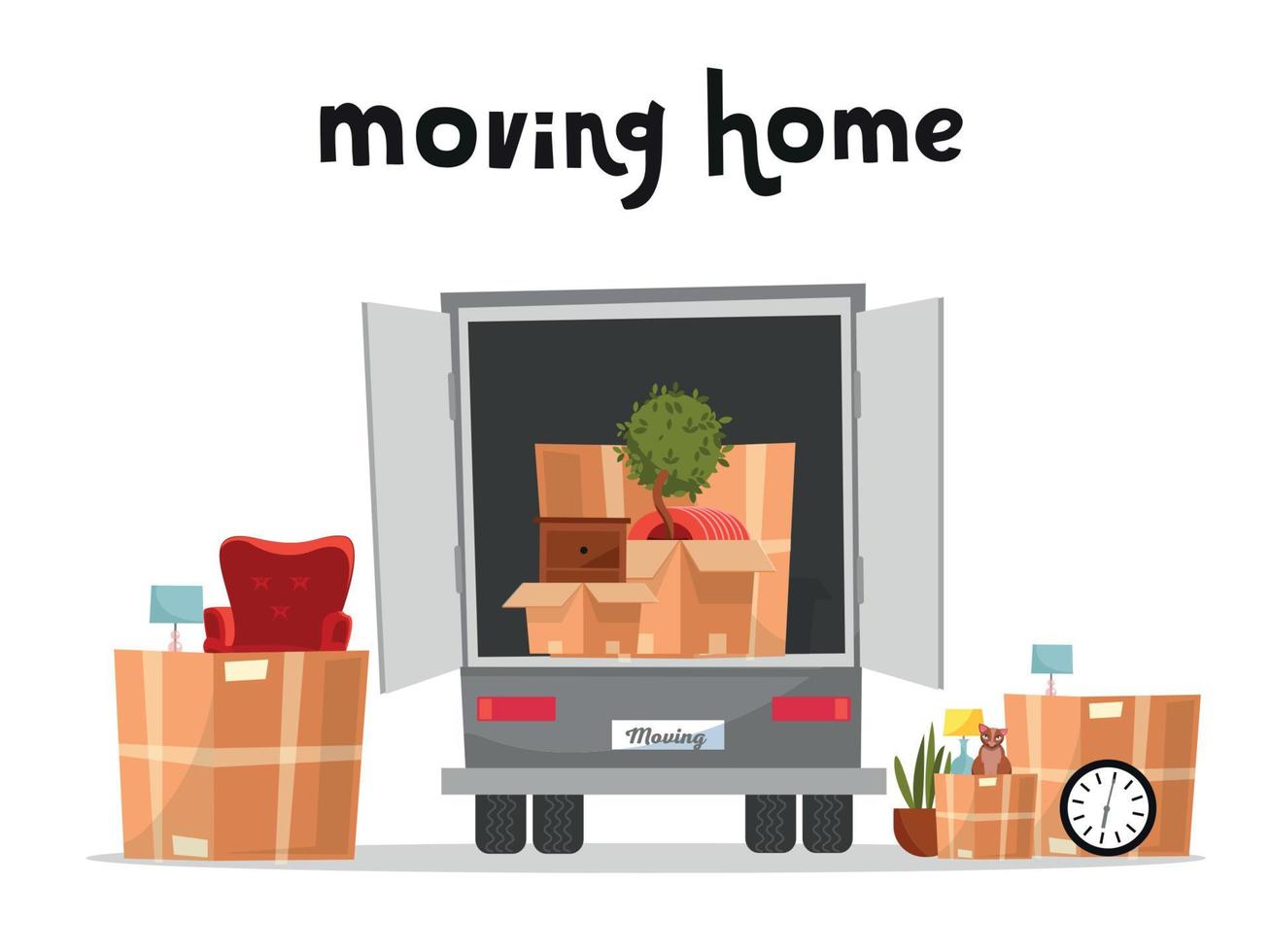 Moving Truck with Boxes. Back side of the loading truck. Cardboard boxes inside and outside the vehicle.Packed interior furniture and cat. lettering moving home qoute.Vector cartoon style illustration vector