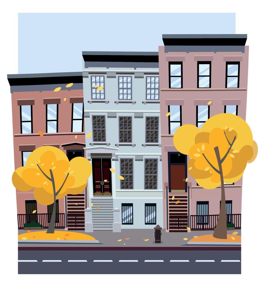 ilustración de vector de estilo de dibujos animados plana de una calle de la ciudad de otoño. casas desniveladas de tres y cuatro pisos. el follaje vuela de los árboles. paisaje urbano de la calle. paisaje de la ciudad con árboles de otoño en primer plano