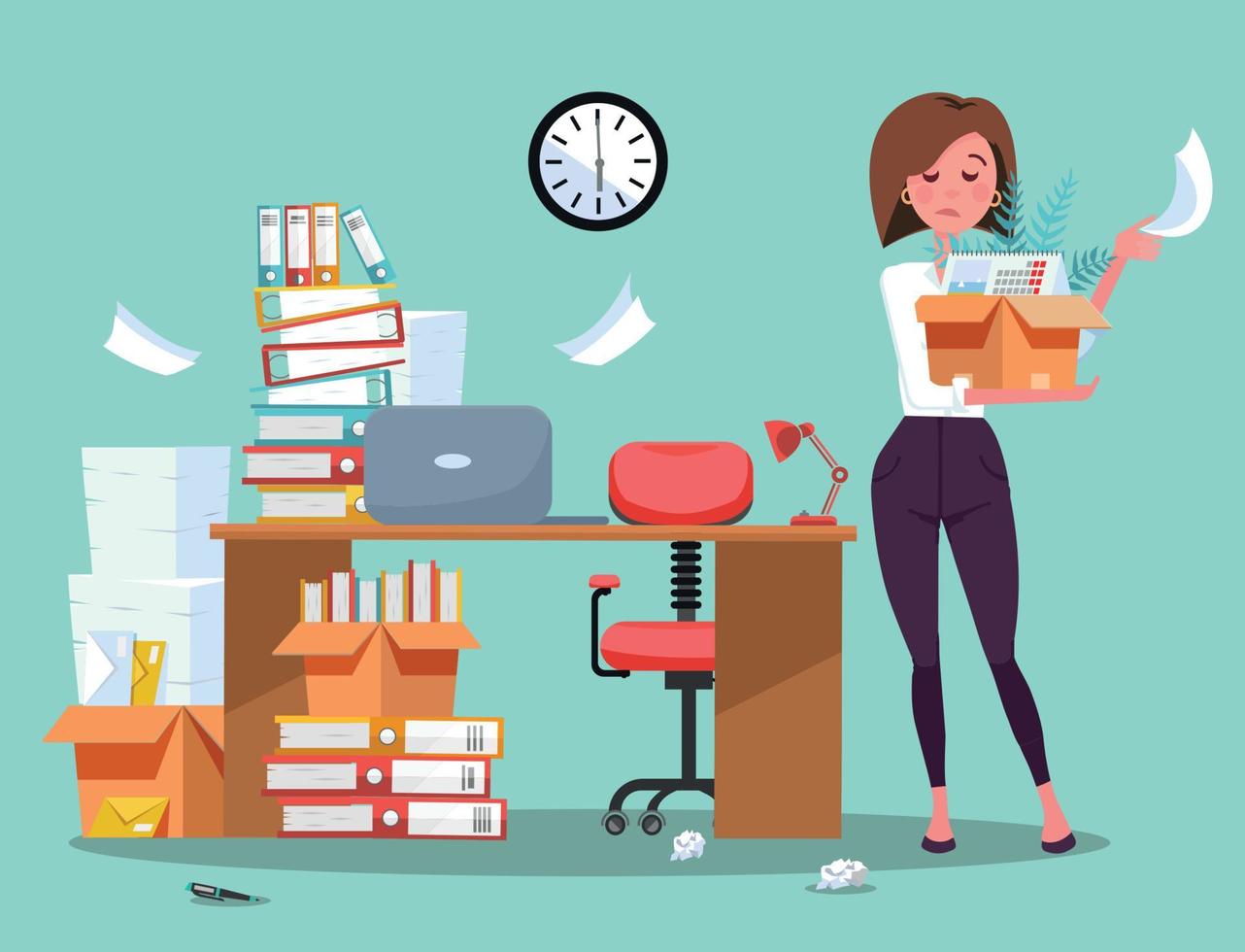 Dismissing from employment. Disapointed young business woman employee leaves office with box of things. Unemployment concept with desk and stacks of documents, folders.Vector flat cartoon illustration vector