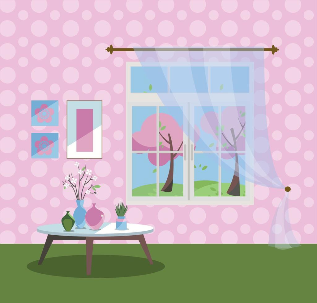 Big Window in living room with a view of pink blooming trees. Spring interior with coffee table, vases, pictures on tender pink wallpaper. Sunny good weather outside. Flat cartoon vector illustration.