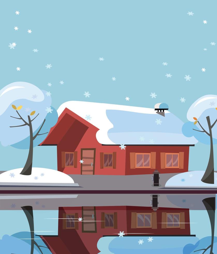 Wooden country house on lake. Building facade is reflected in mirror surface of water. Flat cartoon vector illustration of winter suburb landskape with private house, snowy trees. Free spase for text