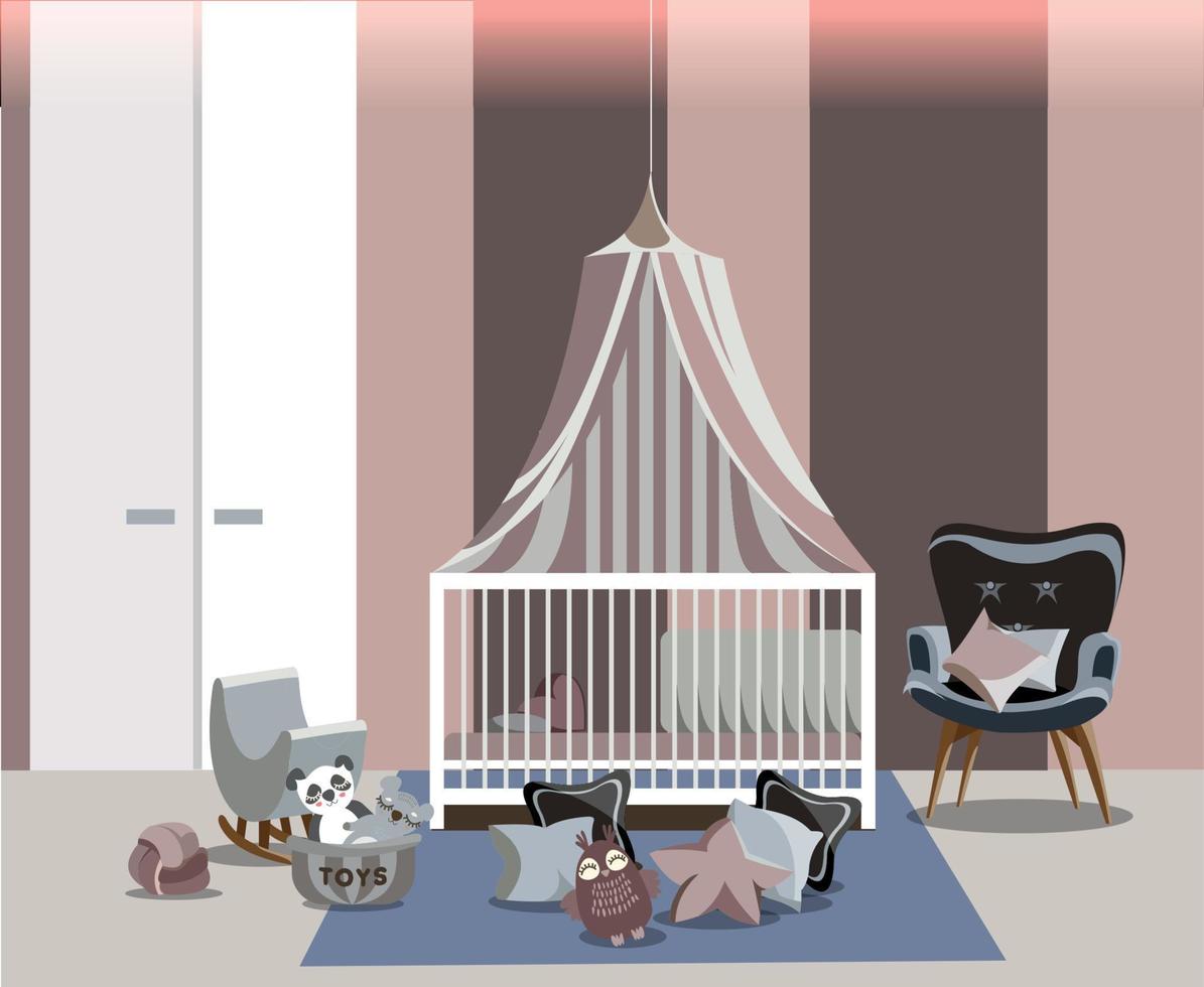Baby room interior for girl with white furniture, bed with canopy, wardrobe, easy chair, toys and pillows on the floor in flat style. Modern dusty pink nursery design. Vector illustration.