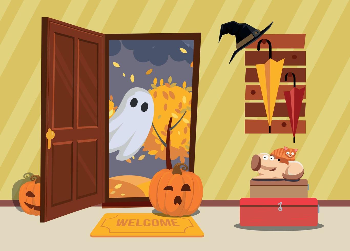 Halloween house interior. cat and dog are afraid of pumpkin and ghosts come through door in hallway. door is open, outside is dark, umbrellas and witch s hat hanging on rack. Flat cartoon illustration vector