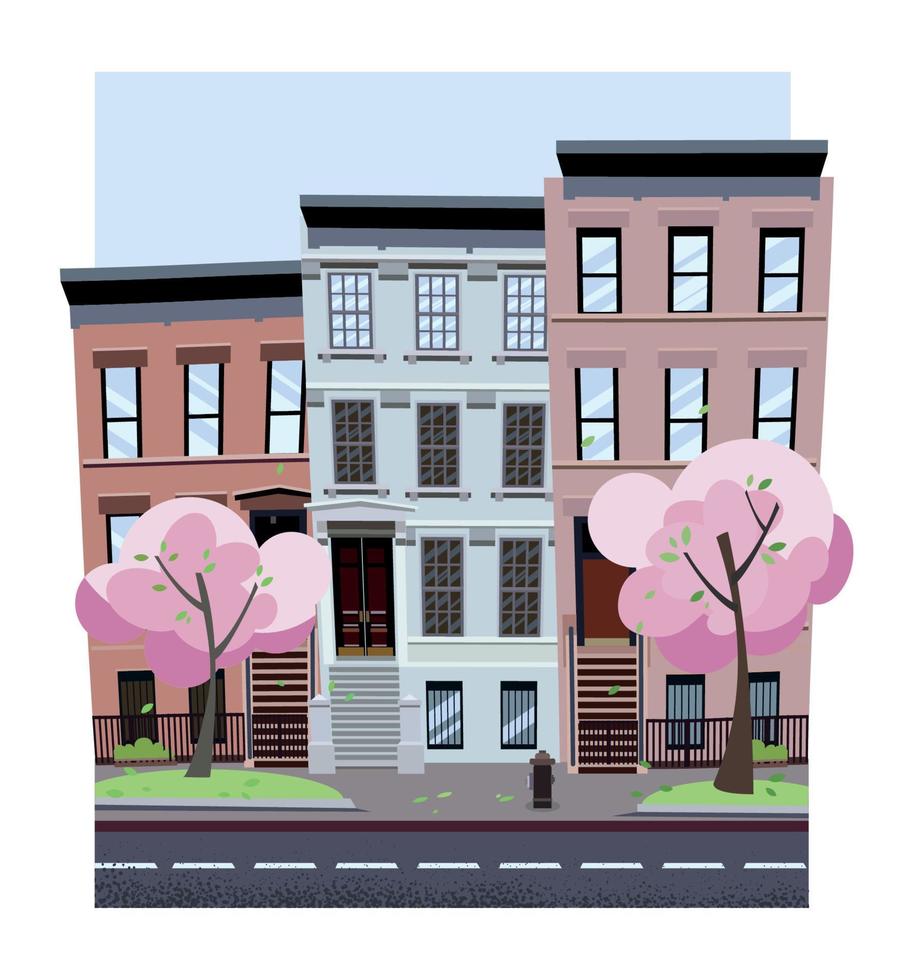 las casas no lineales se ven fuera de la imagen. calle de la ciudad de primavera de vector de estilo de dibujos animados plana. casas en los árboles en el paisaje urbano de la calle. paisaje de la ciudad de día con árboles en flor rosa con césped verde en primer plano