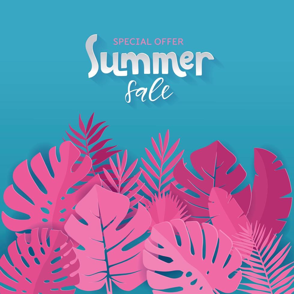 Square banner of Special offer Summer sale with pink palm, monstera, banana leaves on blue background with hand lettering. Paper cut concept for ad and social network. Vector card illustration.