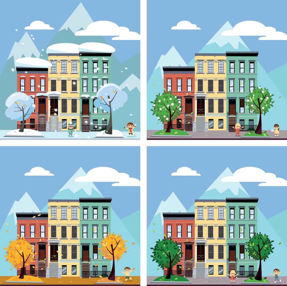 Four seasons in the city, vector illustration. Summer, fall, spring and winter cityscape. Different times of year. European City Urban Landscape with Vintage Houses and Trees with playing children