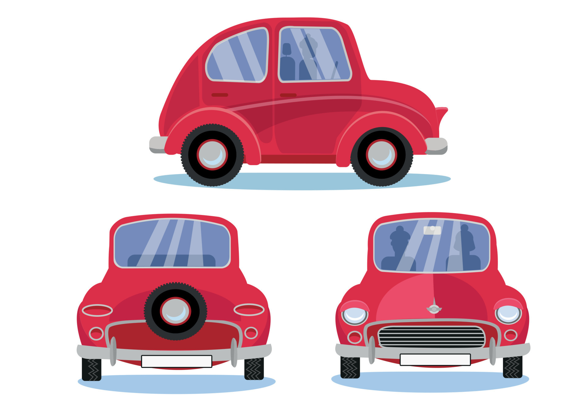 Red retro car. Cartoon automobile set in three different views. Side - Front - Back view. Cute vehicle with round headlights with driver, passenger silhouettes on white background. Flat cartoon vector 12494535 Red retro car. Cartoon automobile set in three different views. Side - Front - Back view. Cute vehicle with round headlights with driver, passenger silhouettes on white background. Flat cartoon vector 12494535