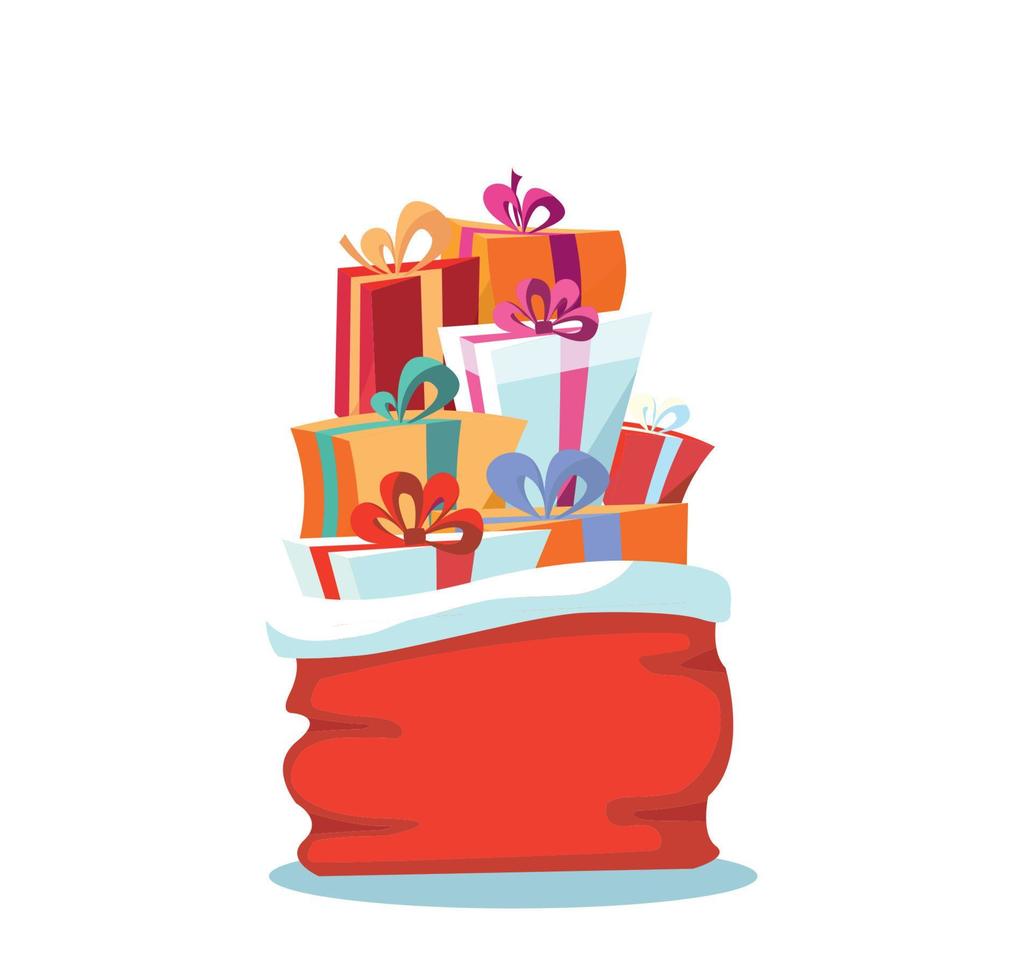 bolsa roja de santa claus con regalos de navidad sobre fondo blanco. las cajas de regalo multicolores están bellamente decoradas con cintas y lazos. ilustración de vector de estilo de dibujos animados plana.