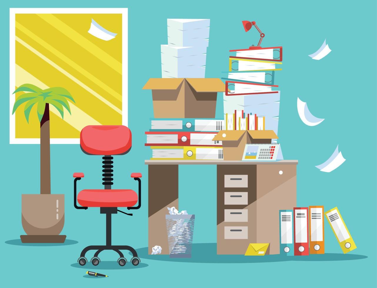 Period of accountants and financier reports submission. Pile of paper documents and file folders in cardboard boxes on office table. Flat vector illustration windows, chair and waste-basket