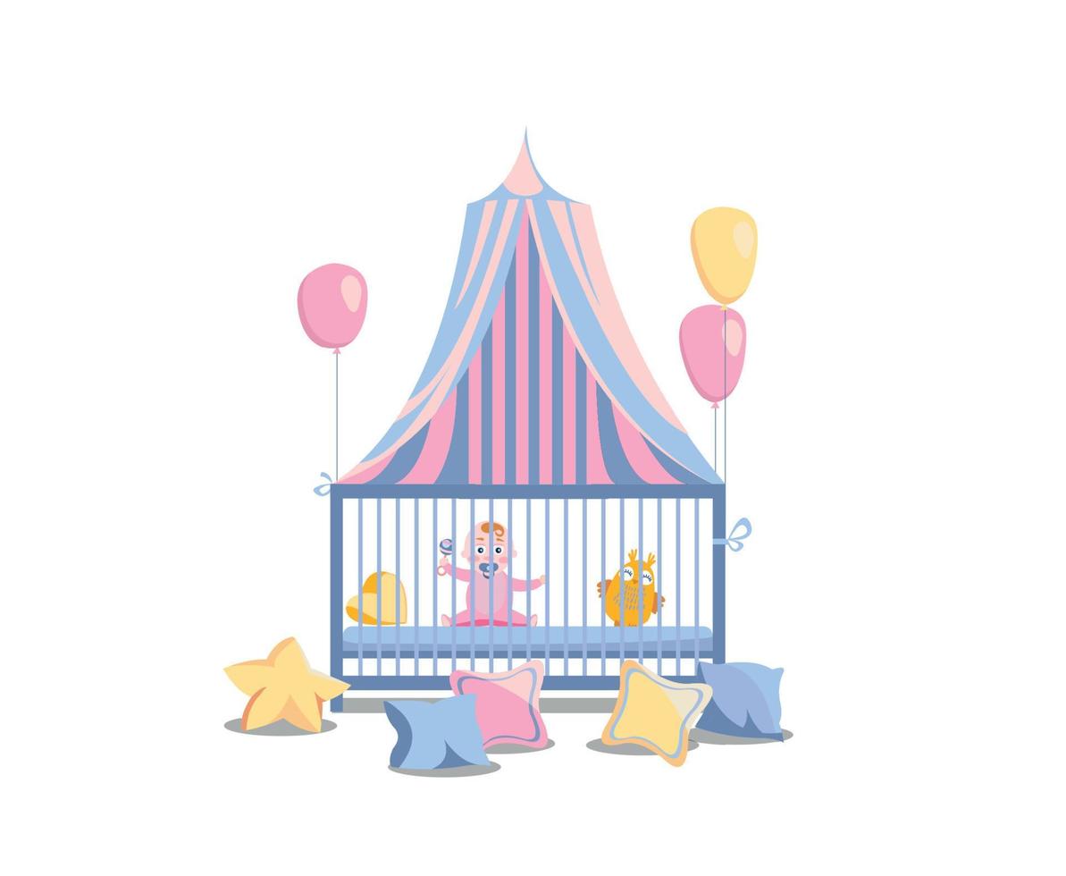 Baby in a bed under a tabby canopy. Little girl in the playpen, decorated with pink balloons and colorful pillows. It's a girl Vector flat cartoon illustration isolated in white background