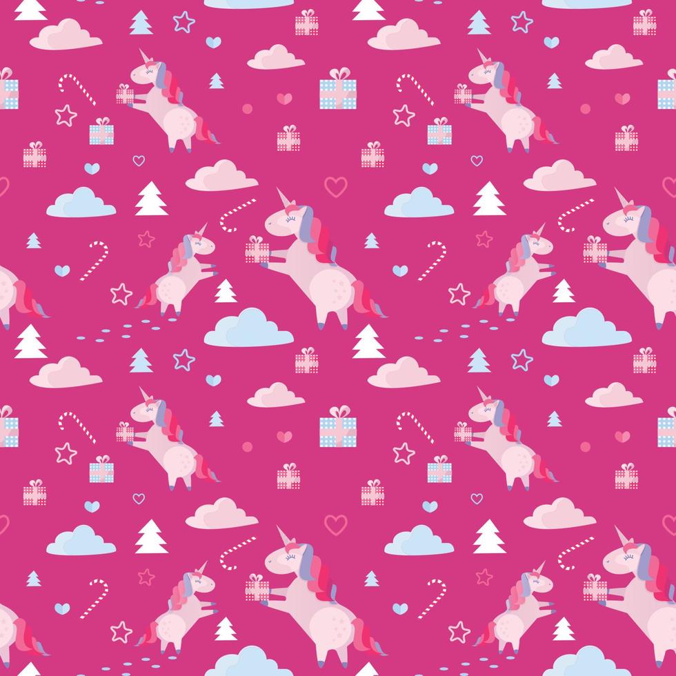 Christmas seamless pattern with unicorns, fir trees, candy cane, gift boxes on crimson background. Holiday template with Xmas unicorn, festive flat cartoon elements. Design for wrapping, fabric, print vector