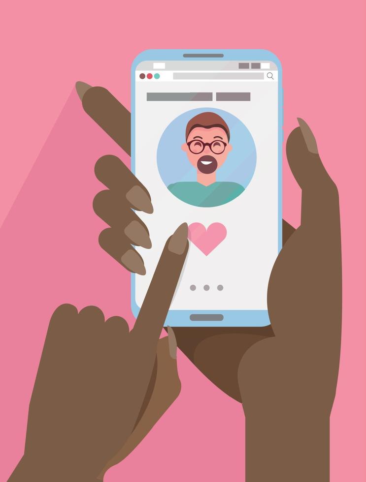 African woman two hands hold smartphone with Online dating app on screen. Online dating, long distance relationship. Finger presses heart button. Handsome man profile. Flat cartoon vector illustration