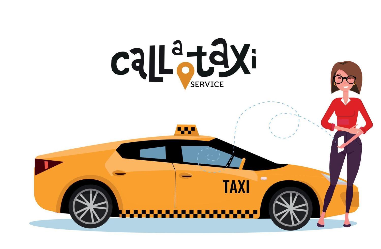 llame a un concepto de taxi con letras. mujer pide un taxi, de pie junto a la aplicación en el teléfono móvil. mujer que usa un teléfono inteligente para obtener, llame a un taxi premium amarillo. ilustración de dibujos animados plano vectorial vector