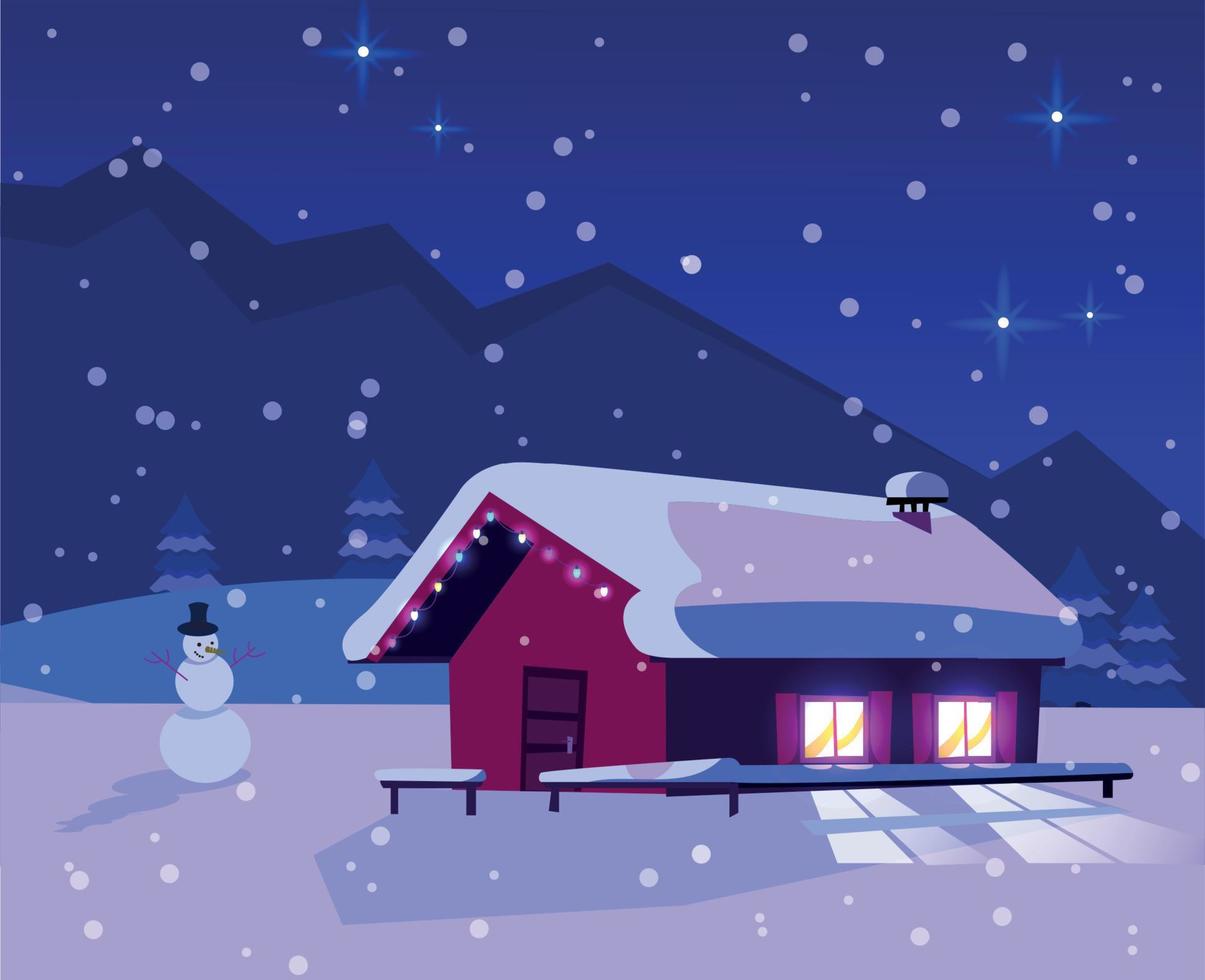 Christmas snow-covered landscape with a small house with lighting windows decorated with a garland of light bulbs and a snowman. Mountain dark blue landscape with snowfall and a starry sky. vector