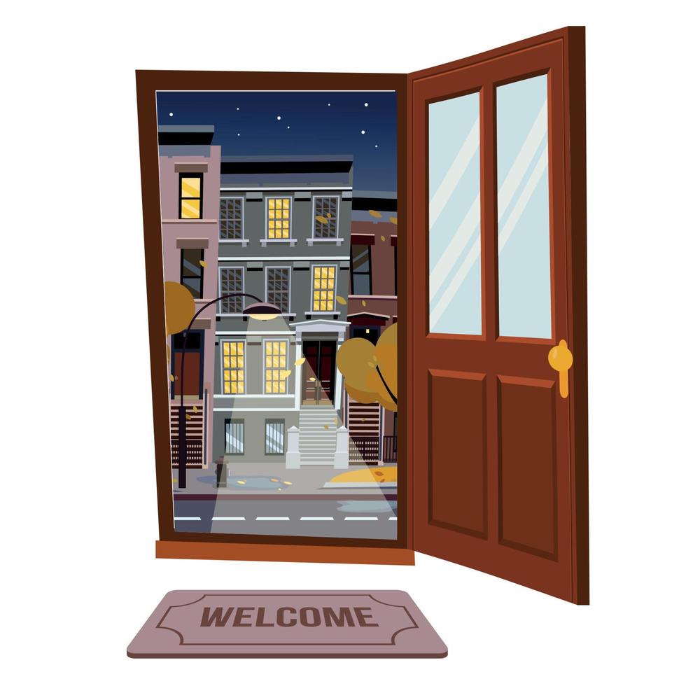 Open door into autumn rain city starry night view with yellow trees. Door mat in room. Flat cartoon style vector illustration. Three-four-story uneven colorful houses, foliage. Street cityscape.