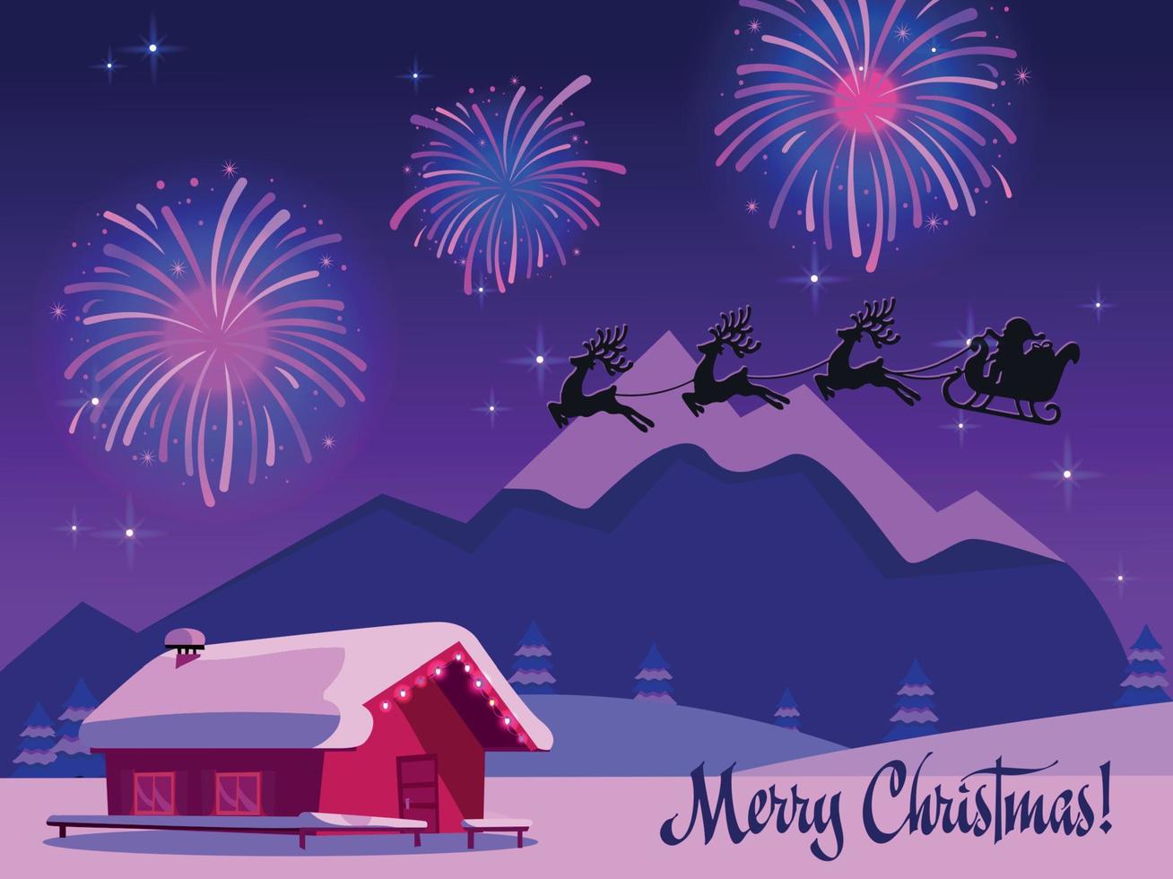 Night winter landscape illustration with sky full of firework lights. Silhouette of Santa Claus sleigh with deers in sky. Card with text merry christmas in purple-pink colors. Holiday at ski resort. vector