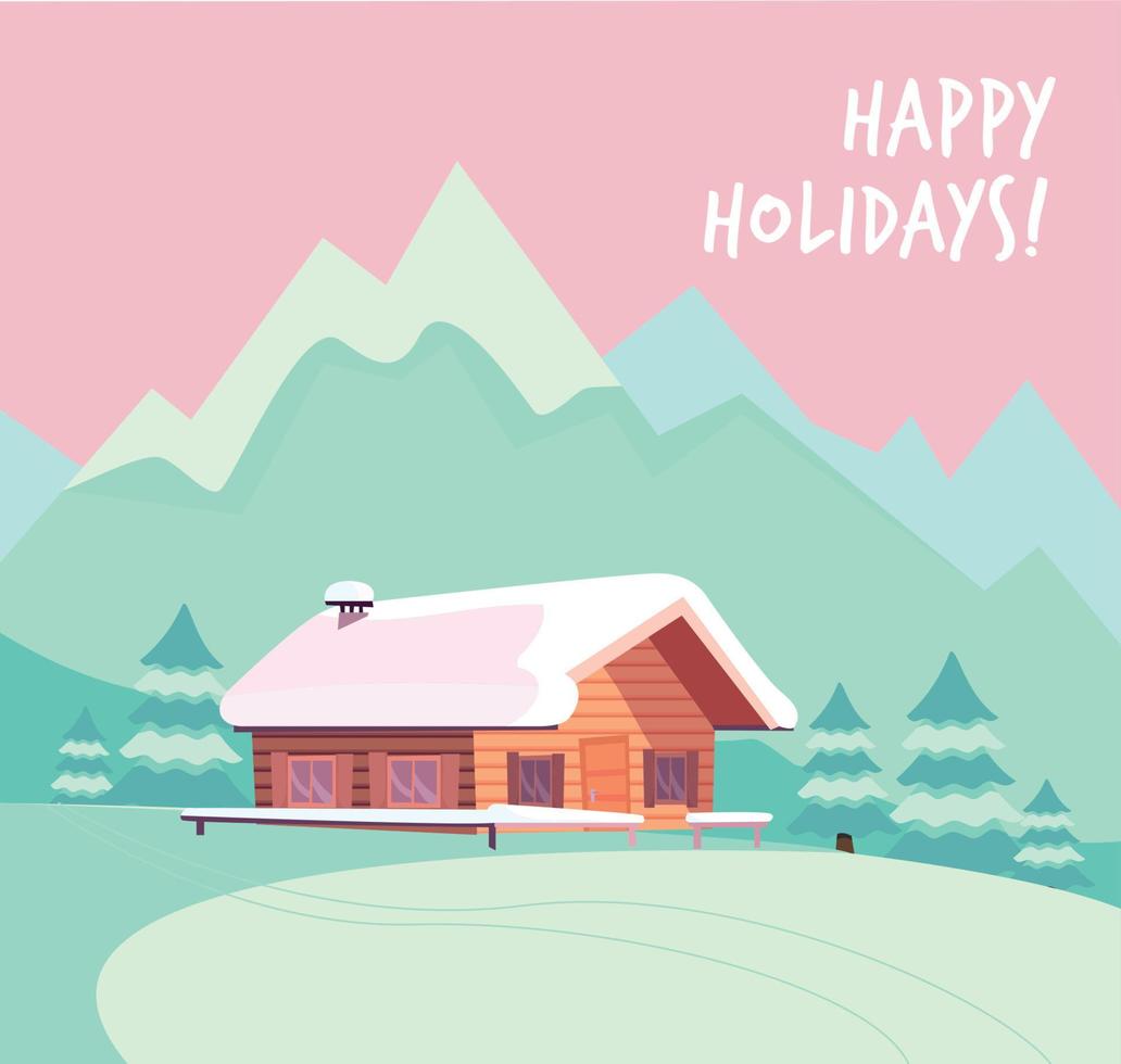 paisaje nevado de invierno con montañas y casa de campo de troncos de madera. tarjeta de temporada navideña con texto felices fiestas. ilustración de vector de estilo de dibujos animados plana en colores rosa menta