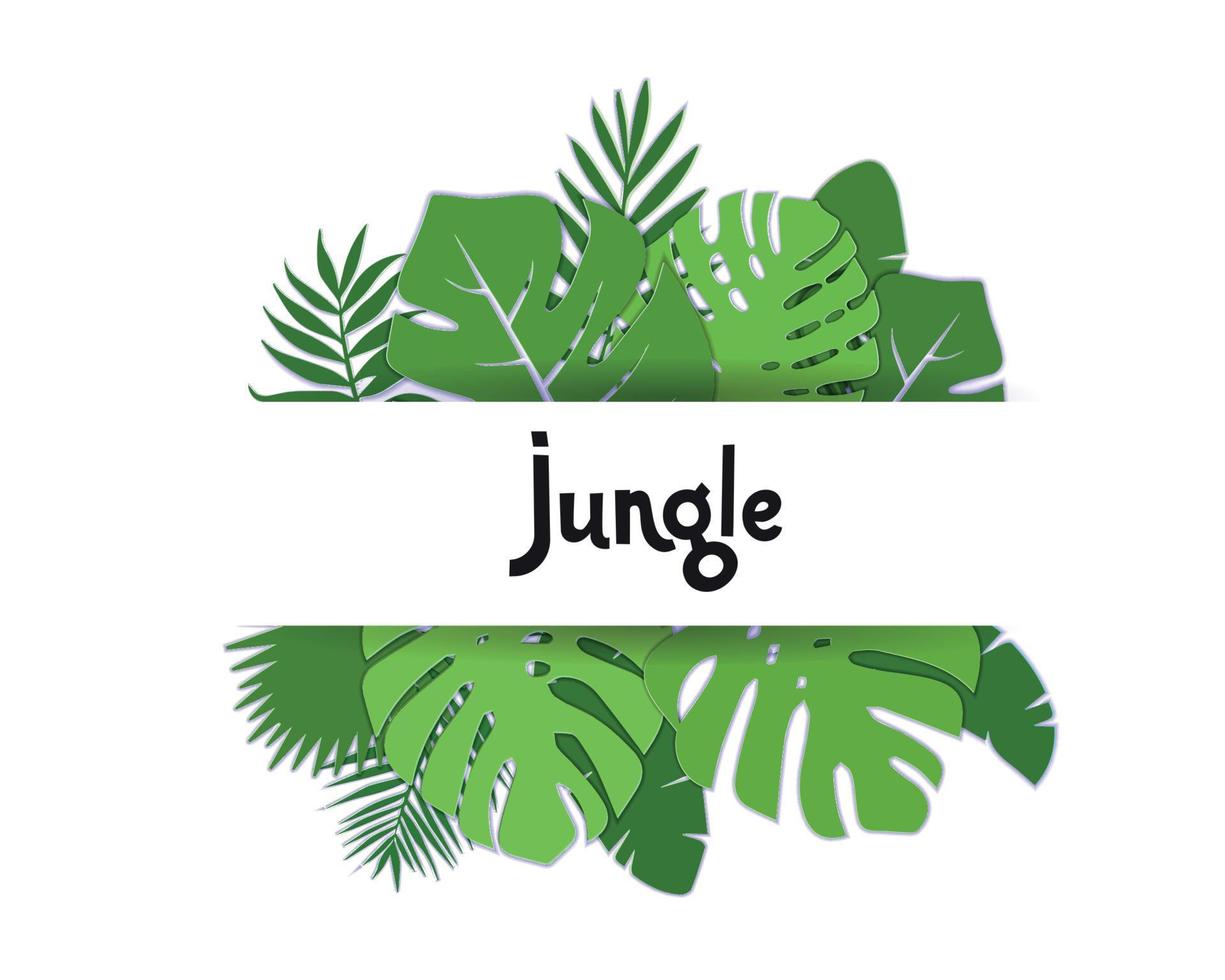 Trendy Summer Tropical palm leaves, plants. Paper cut style. Exotic Hawaiian summertime banner with lettering Jungle. Beautiful white floral background with green Monctrea lraves. Vector illustration