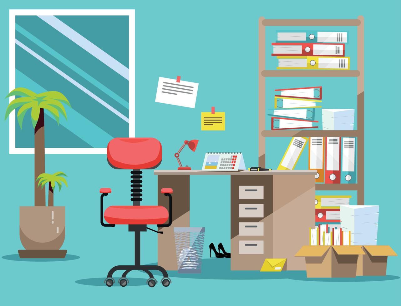 Order on the desktop. Pile of paper documents and file folders in cardboard boxes on the shelves. Flat vector illustration windows, chair and waste-basket