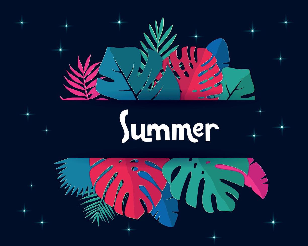 banner de noche de verano de moda. plantas de hojas de palma tropical cortadas en papel. fondo hawaiano exótico. cita de letras verano en marco. brillante y colorido concepto floral de la selva con cielo estrellado. hoja de monstera. vector