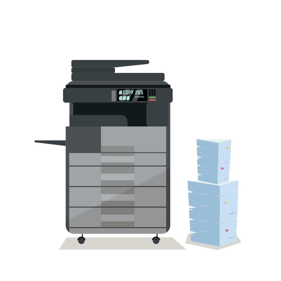 Large dark grey office floor multifunction printer scanner copier with pile of documents in cardboard boxes. on white background. Flat cartoon vector illustration.