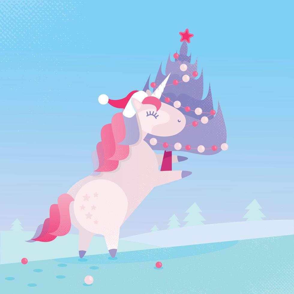 A Christmas unicorn in a Santa Claus hat carries a decorated Christmas tree home. Gentle pink and blue colors. Flat cartoon style illustration with textures and gradients vector