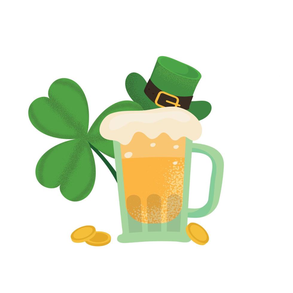 St Patric day beer glass with big cloverleaf and green hat isolated concept. Flat textured vector illustration.