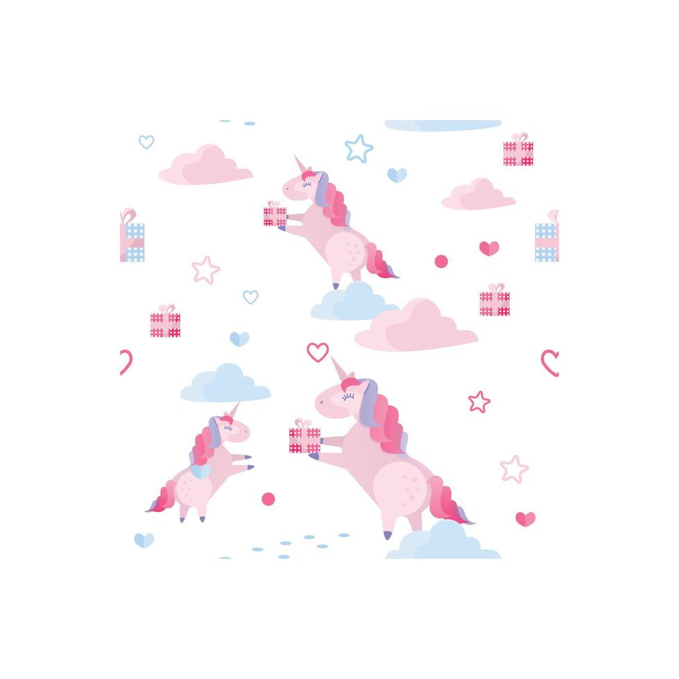 lindo vector de patrones sin fisuras unicornio, nubes, corazones, cajas de regalo sobre fondo blanco. plantilla de vacaciones para el día de san valentín con elementos de vector de dibujos animados planos festivos. envoltura, tela, diseño de impresión.