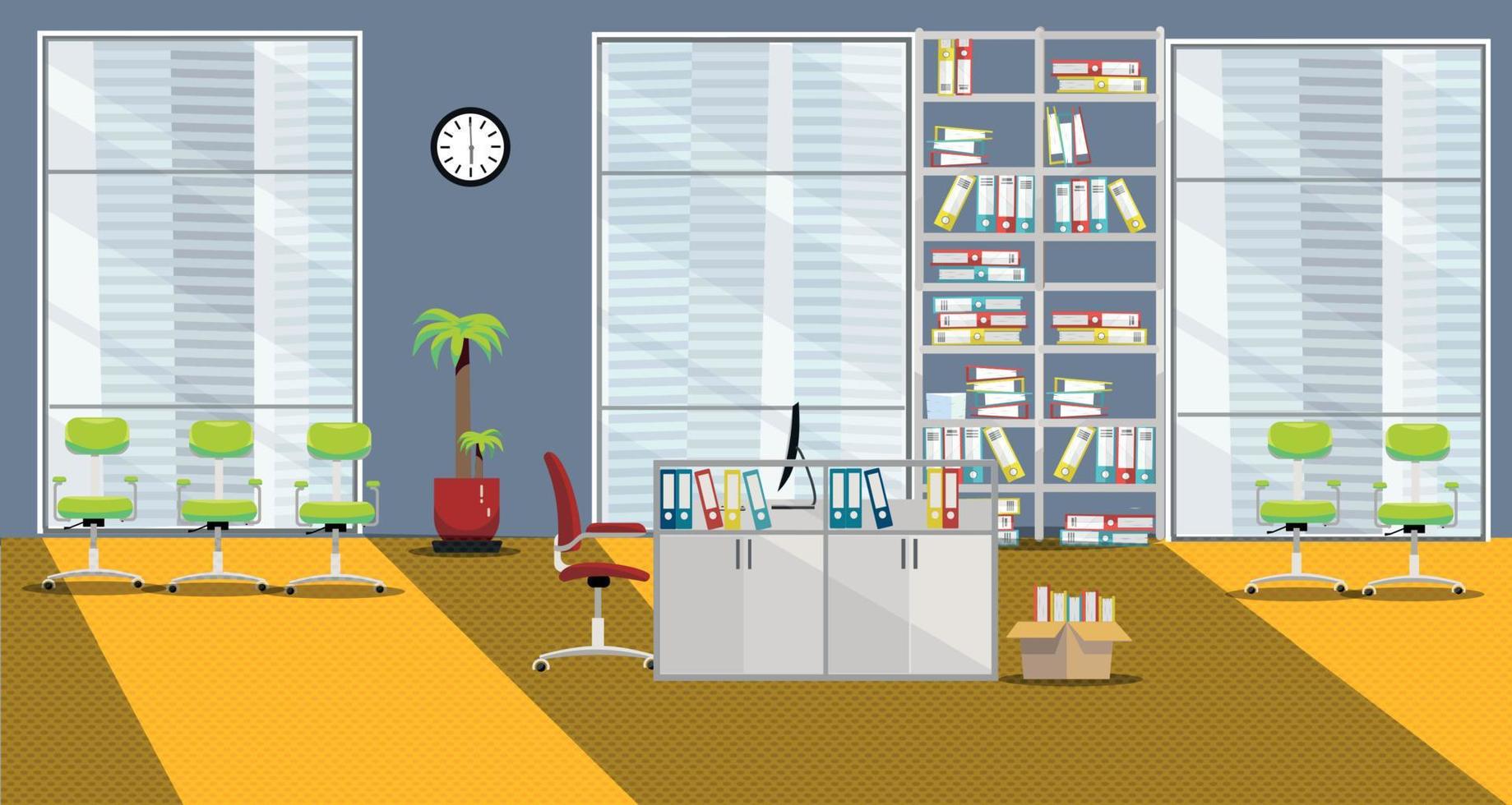 flat vector illustration of modern cabinet interior with 1 table and 3 large windows in skyscraper in orange-gray colors. Open space with palm tree, shelving for folders, sun ight, chairs for visitors