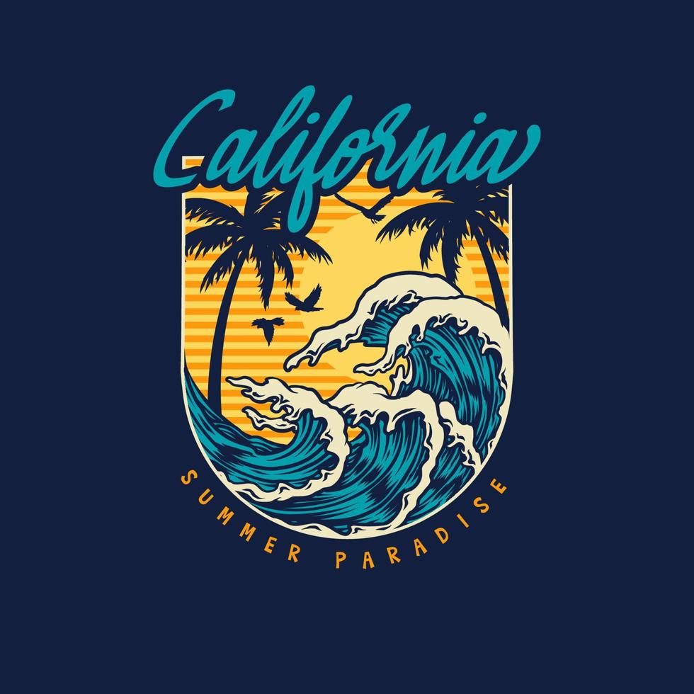 California t-shirt design with waves, palm trees and sun. Vector illustration.,