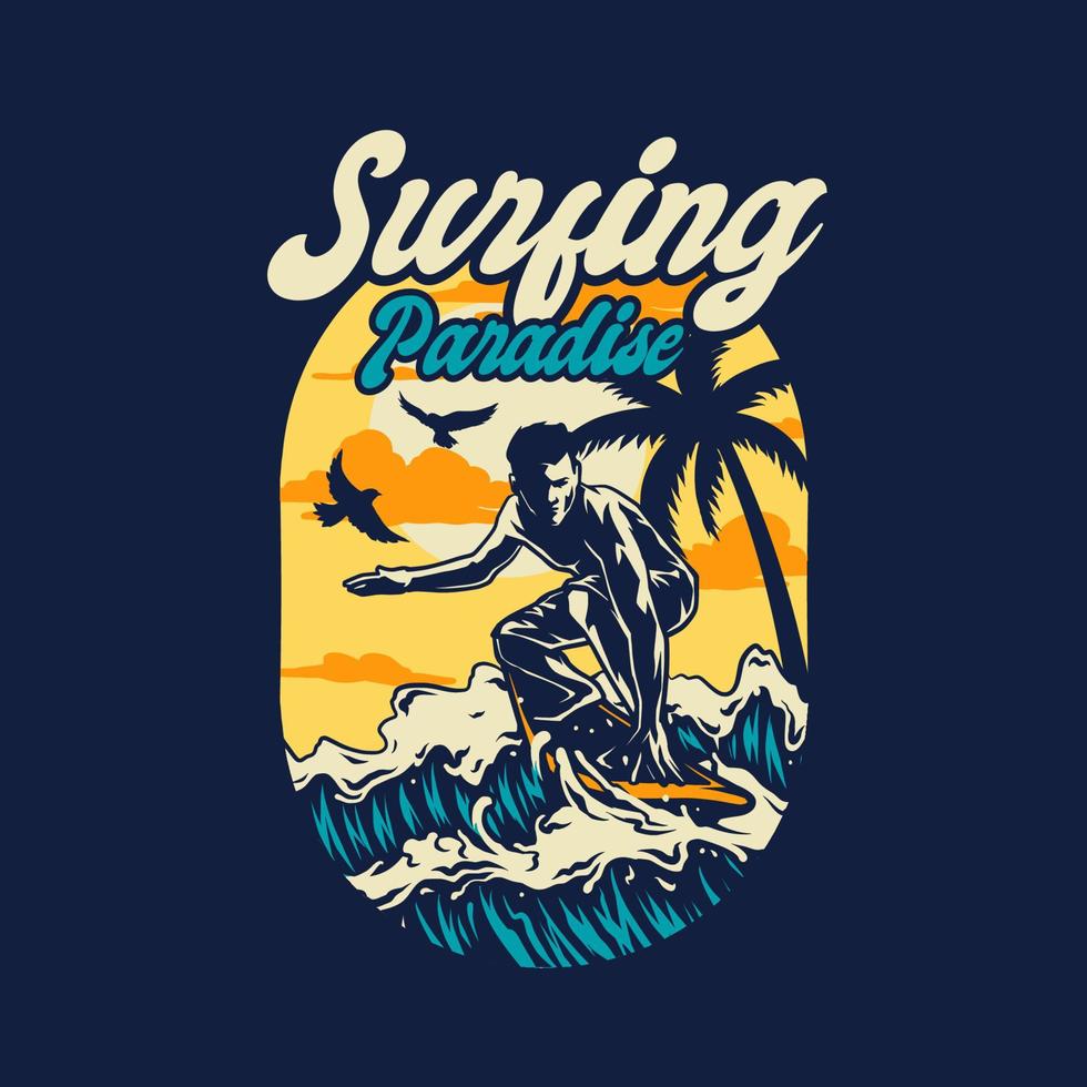 Vector illustration of Surfing Paradise, hand drawn line style with digital color