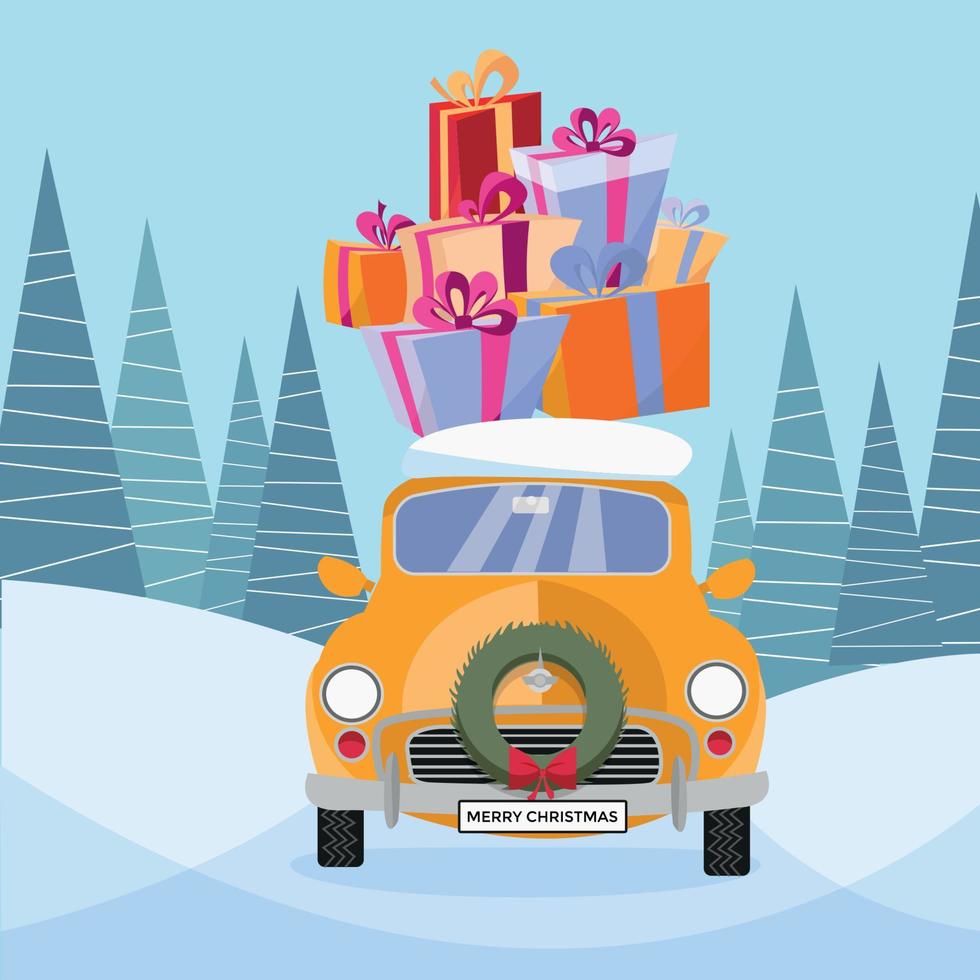 Postcard in flat cartoon style with cute yellow retro car decorated with Christmas wreath that carries gift colorful boxes with ribbons, bows home. car rides through frozen forest. Vector illustration