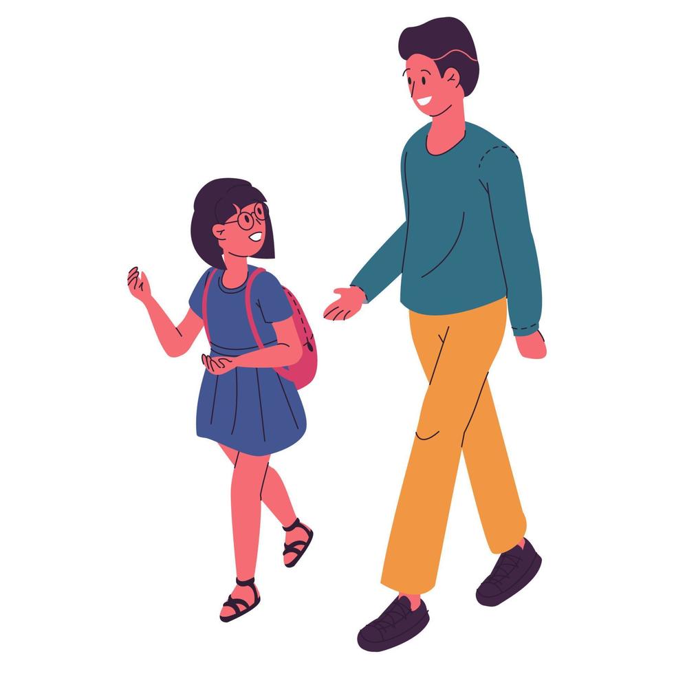 Daughter and father walking and chatting. Walking in the street vector