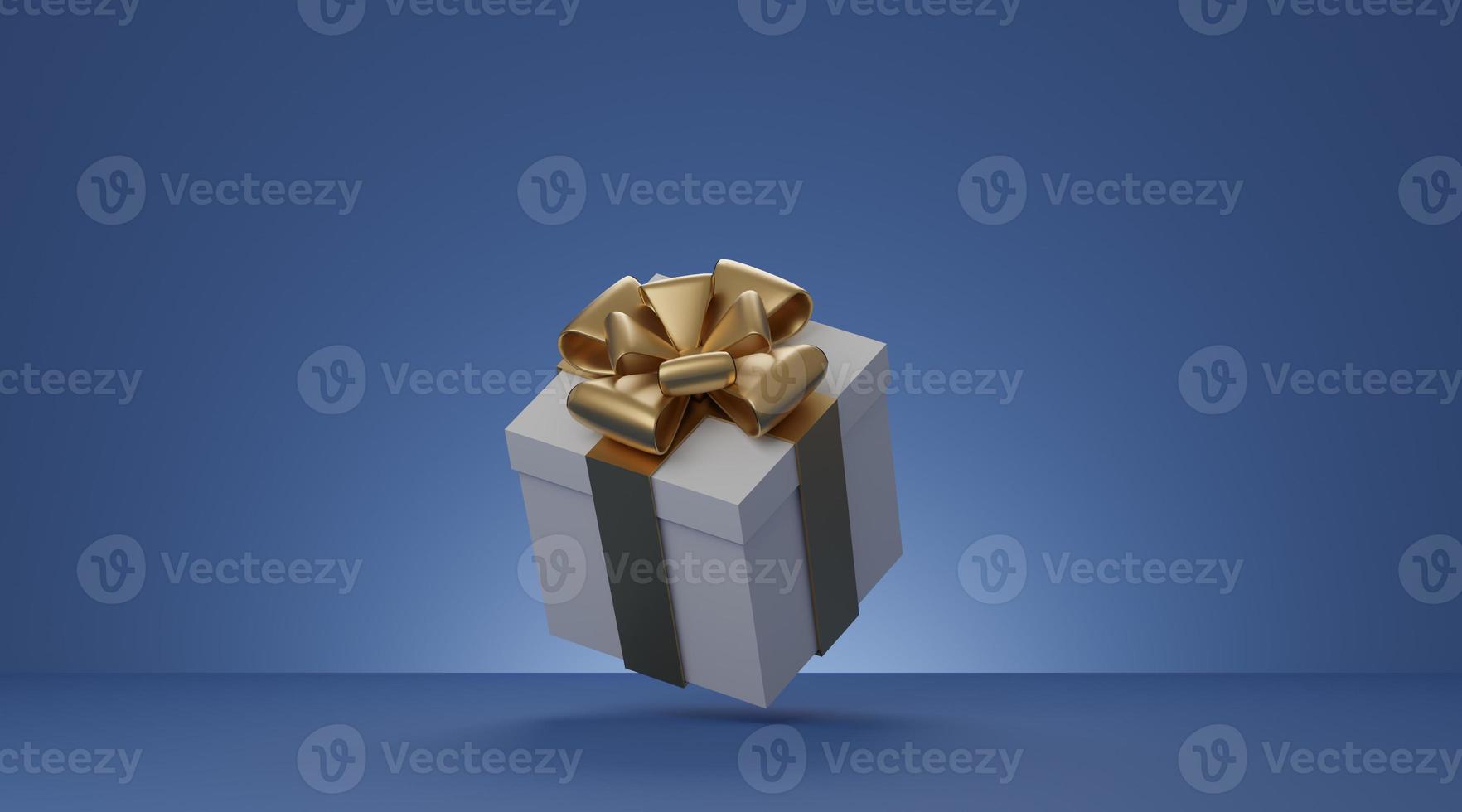 Christmas and New Year present box, white gift box with gold ribbon over blue background. 3d rendering. photo
