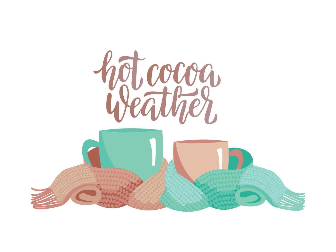 Two mugs in knitted scarf. Composition of 2 cups with lettering Hot cocoa weather. Cups, wrapped in warm scarf. Atmosphere for relax winter party. Flat cartoon illustration on white background vector