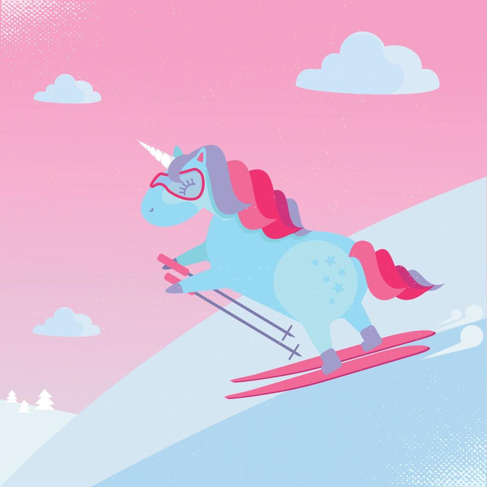 Unicorn riding downhill skiing. Blue Unicorn on skis and with ski poles. Flat cartoon style illustration for kids. vector
