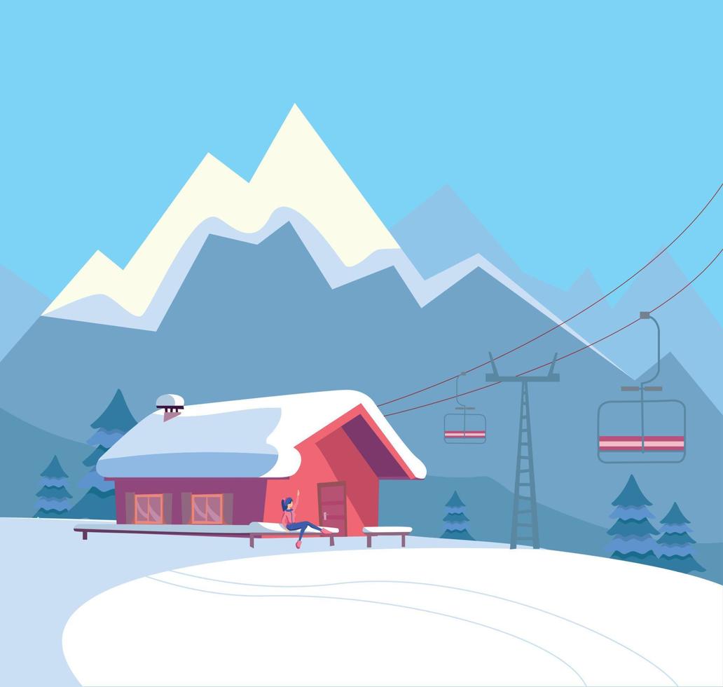 paisaje nevado de invierno con estación de esquí, ascensor, teleférico, casa roja, techo cubierto de nieve, naturaleza virgen y paisaje de montañas de invierno. ilustración de vector de estilo de dibujos animados plana.