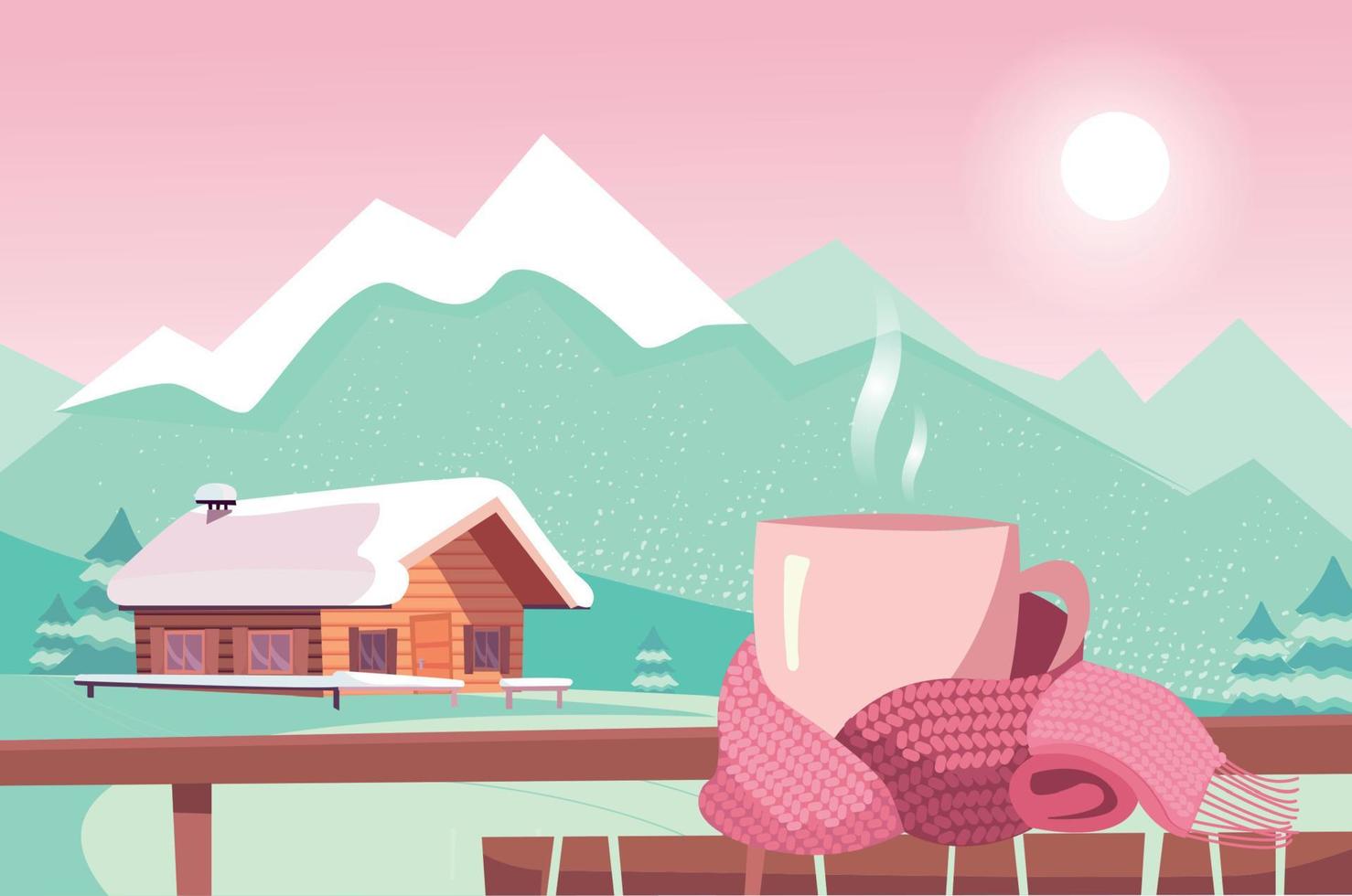 Pink Teacup tied with magenta scarf on table isolated on background of mountain view. Warm and cozy Christmas. Cafe in ski resort overlooking chalets and mountain peaks, slopes. Flat illustration vector